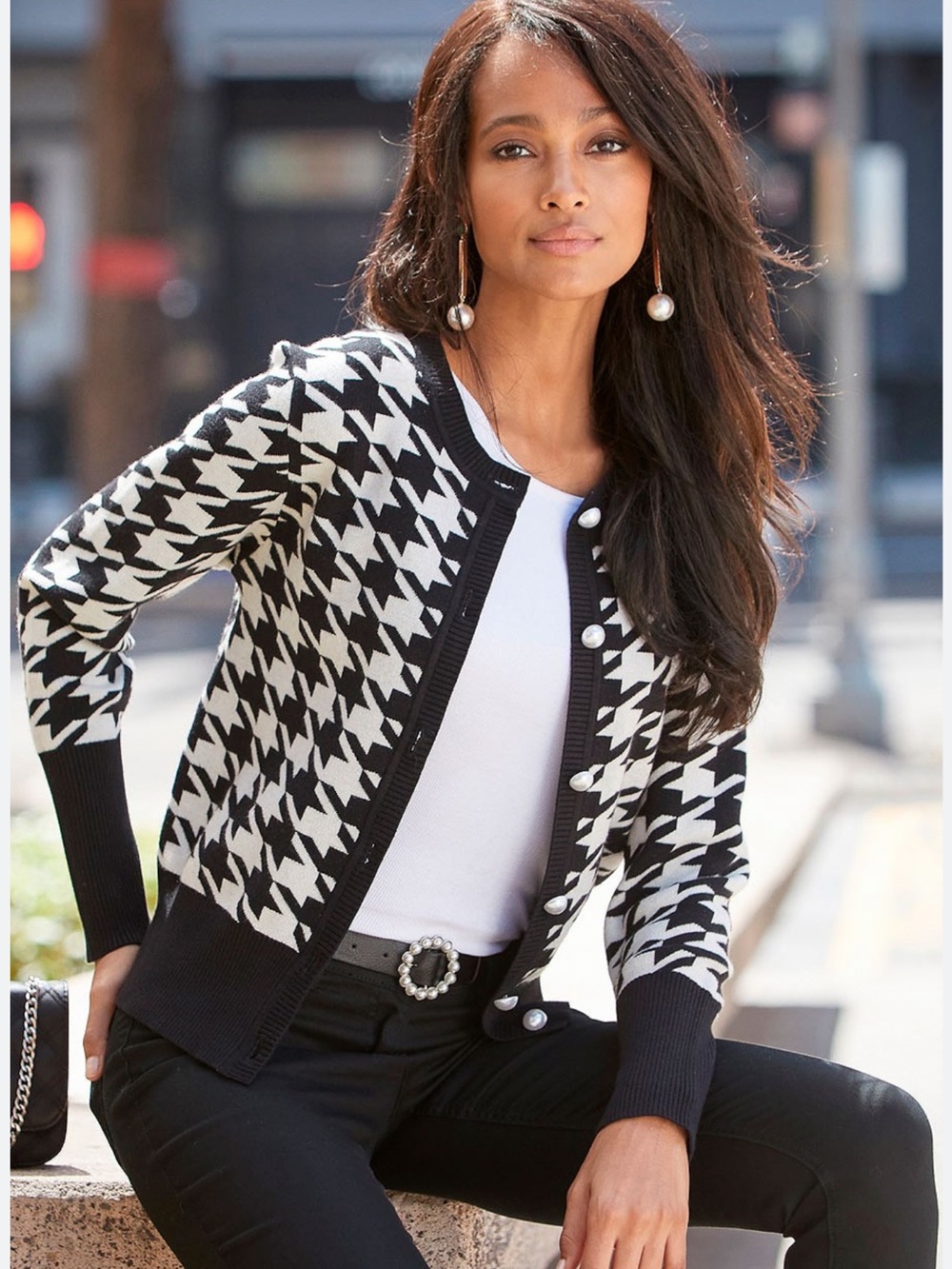 Lascana Black & White Houndstooth Knit Cardigan Sweater  with Pearl Buttons